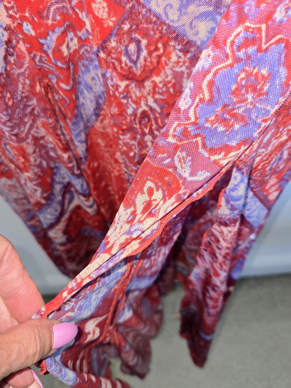 Free People , Vibrant Red And Blue Midi Tunic Top Flowy Handkerchief Size S - Picture 5 of 10